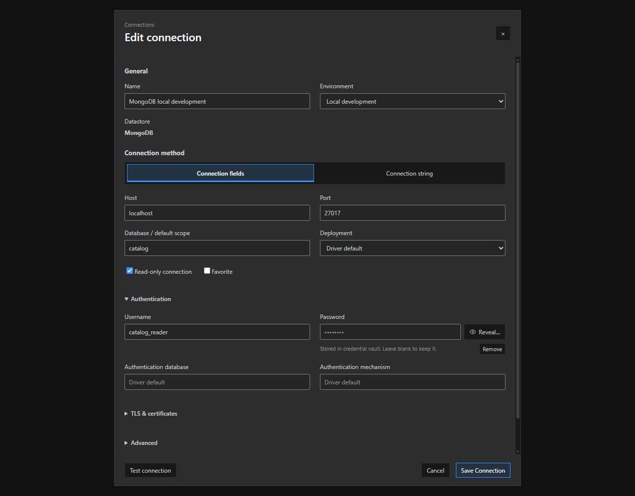 Connection editor. Connection method tabs, grouped options, and saved-credential controls in the current connection dialog.