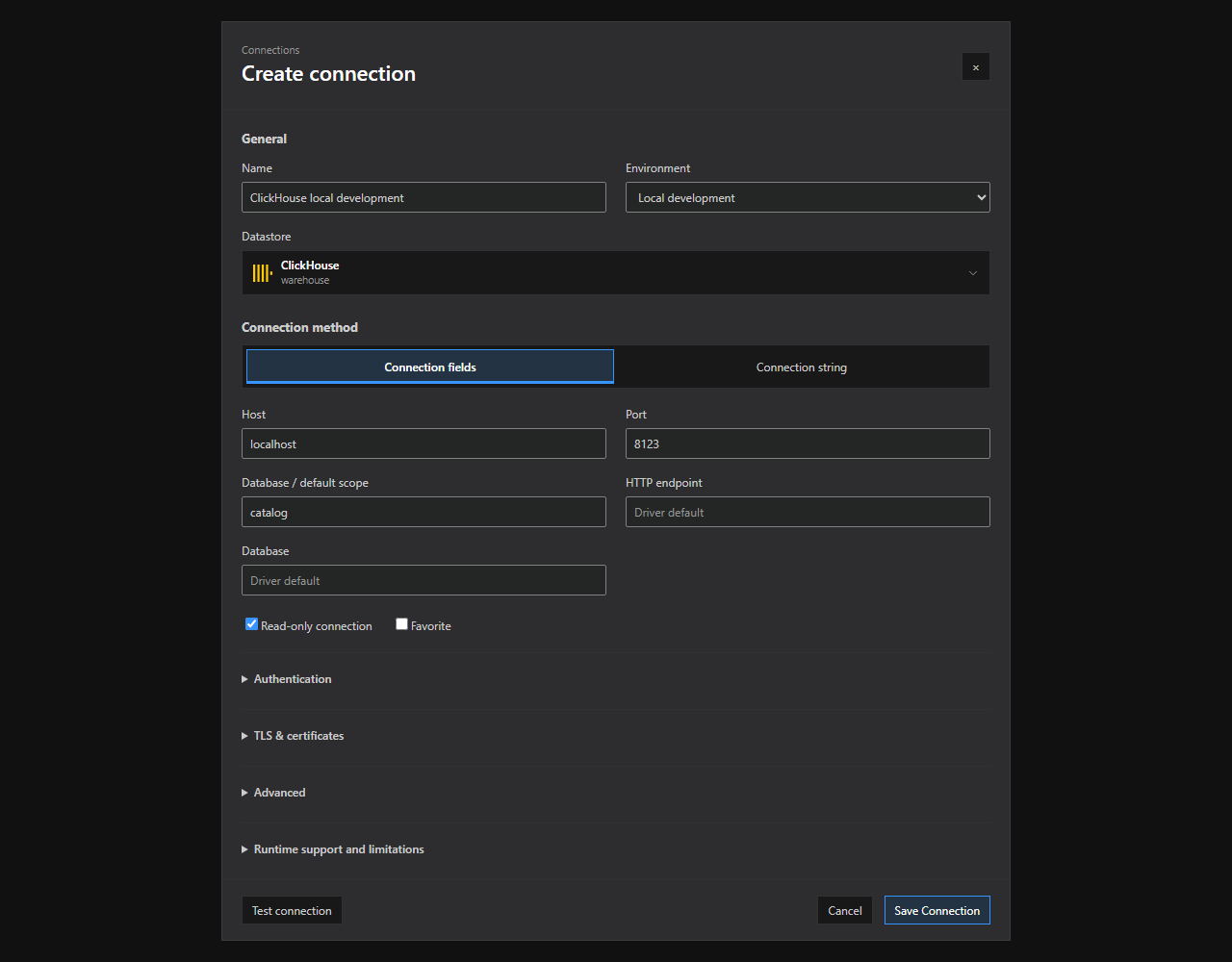 ClickHouse connection setup. The ClickHouse connection dialog with supported method tabs and illustrative, non-secret settings. Expand optional sections and review runtime limitations before saving.