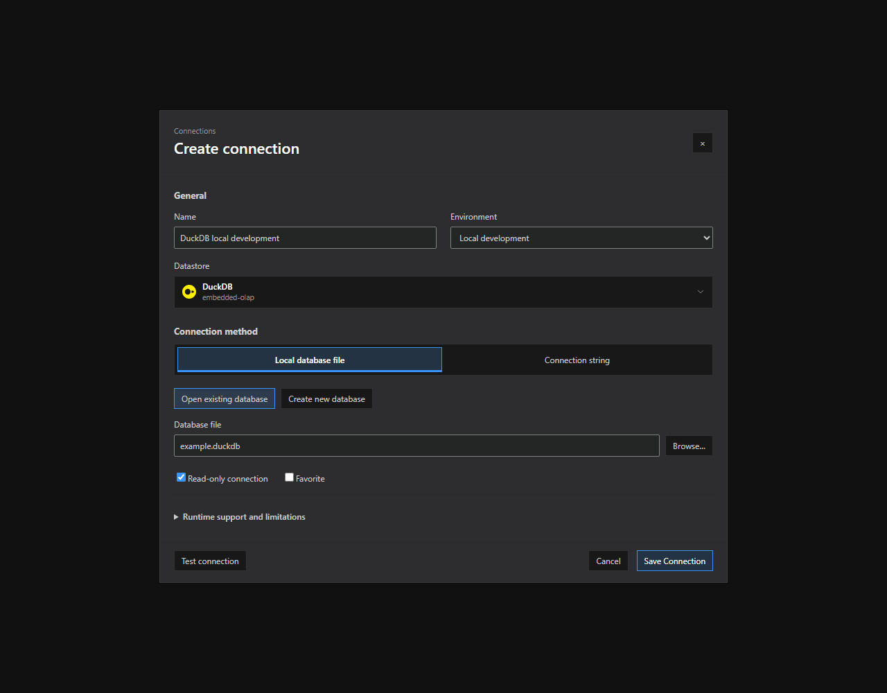 DuckDB connection setup. The DuckDB connection dialog with supported method tabs and illustrative, non-secret settings. Expand optional sections and review runtime limitations before saving.