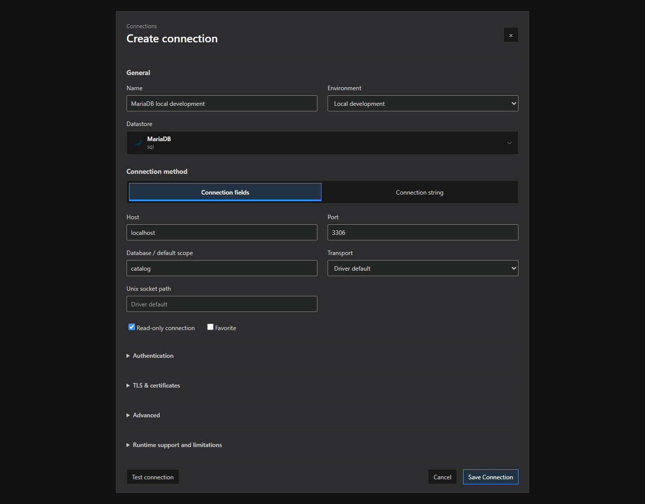MariaDB connection setup. The MariaDB connection dialog with supported method tabs and illustrative, non-secret settings. Expand optional sections and review runtime limitations before saving.