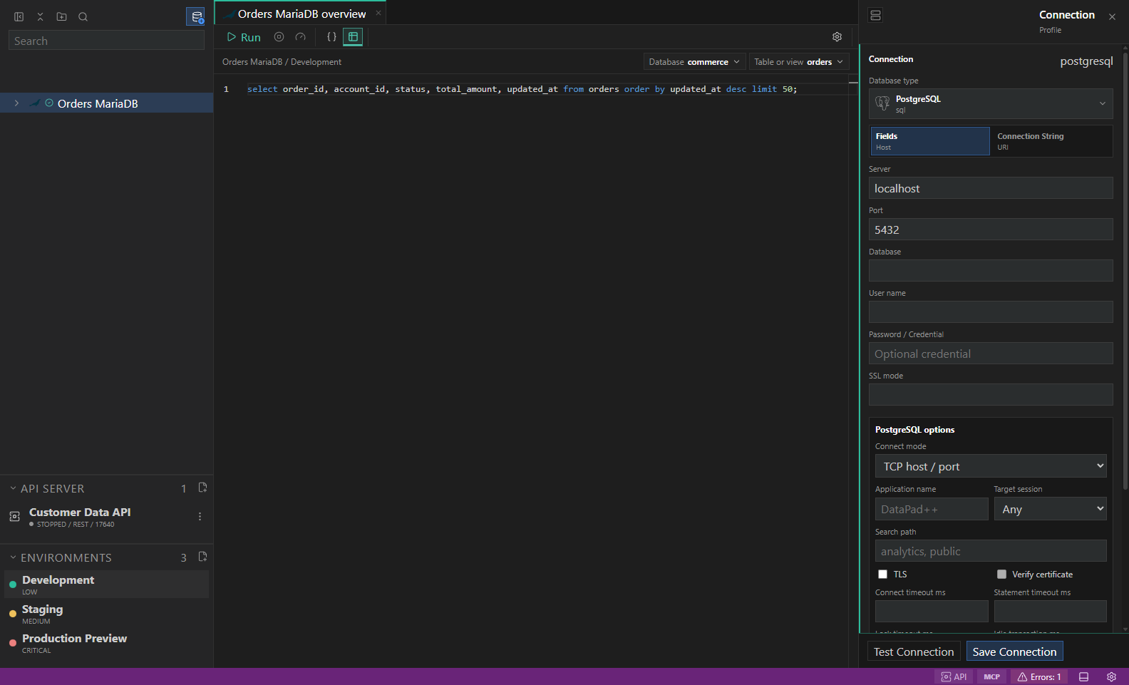 MariaDB native workflow. A representative MariaDB explorer and bounded read-only workflow. Replace the example objects with names from your datastore.