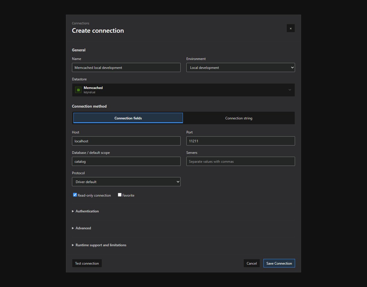 Memcached connection setup. The Memcached connection dialog with supported method tabs and illustrative, non-secret settings. Expand optional sections and review runtime limitations before saving.