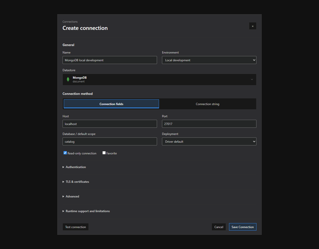 MongoDB connection setup. The MongoDB connection dialog with supported method tabs and illustrative, non-secret settings. Expand optional sections and review runtime limitations before saving.