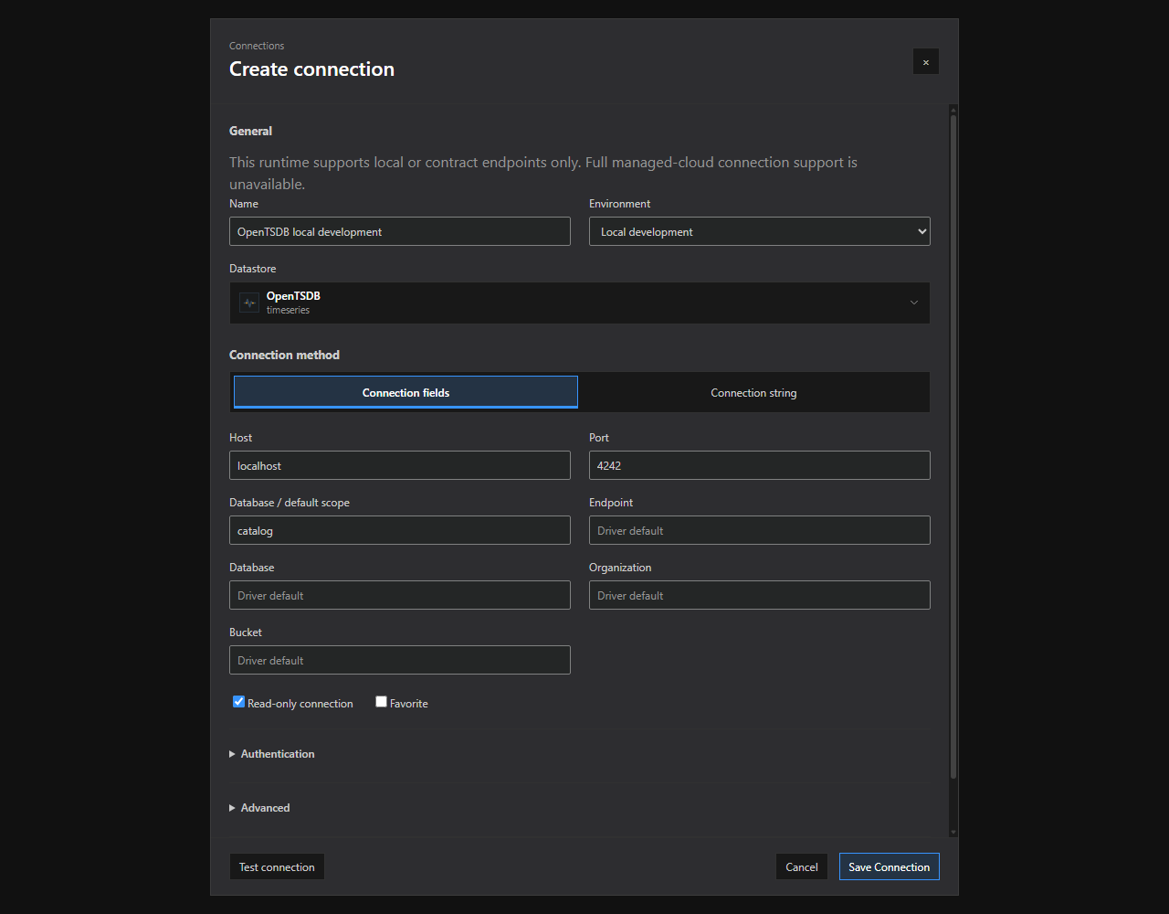 OpenTSDB connection setup. The OpenTSDB connection dialog with supported method tabs and illustrative, non-secret settings. Expand optional sections and review runtime limitations before saving.