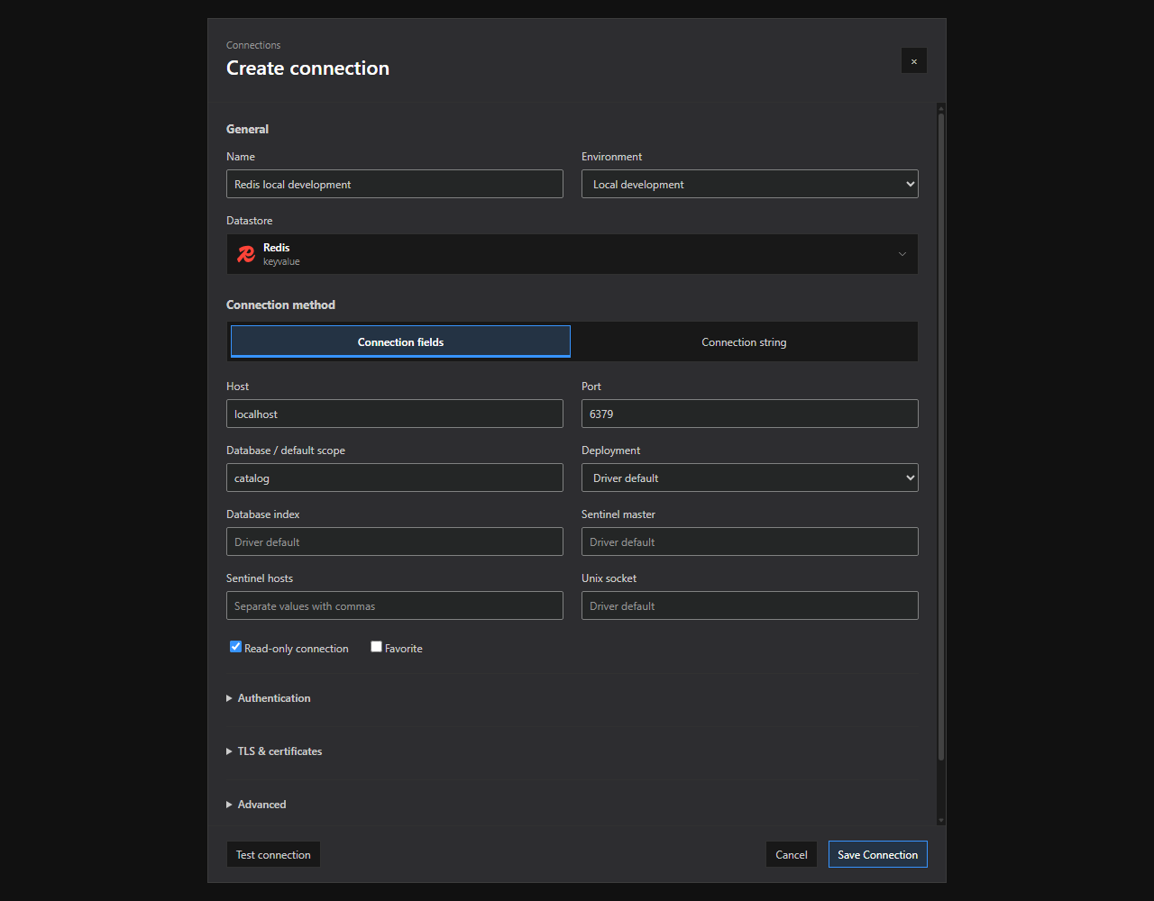 Redis connection setup. The Redis connection dialog with supported method tabs and illustrative, non-secret settings. Expand optional sections and review runtime limitations before saving.