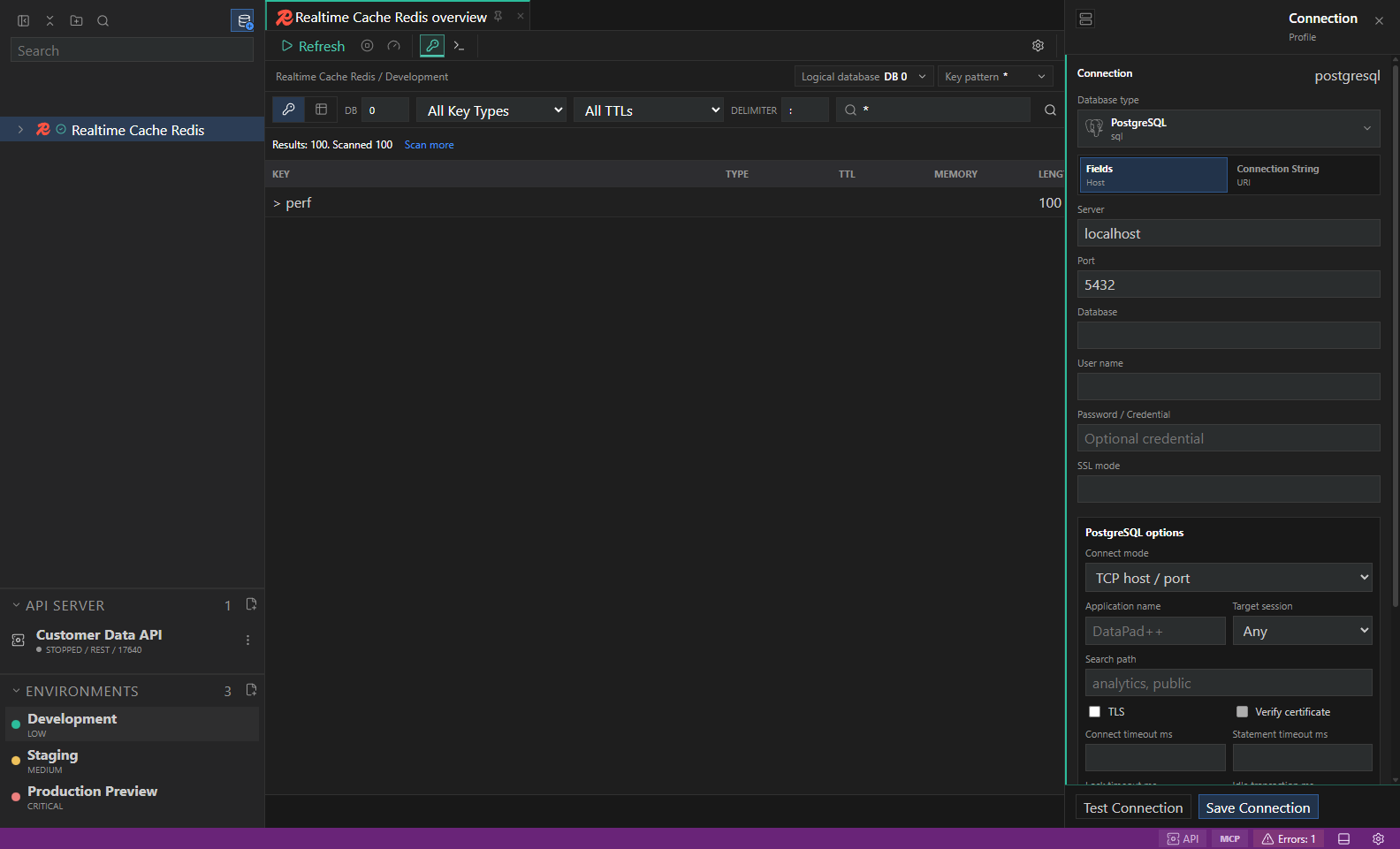 Redis native workflow. A representative Redis explorer and bounded read-only workflow. Replace the example objects with names from your datastore.