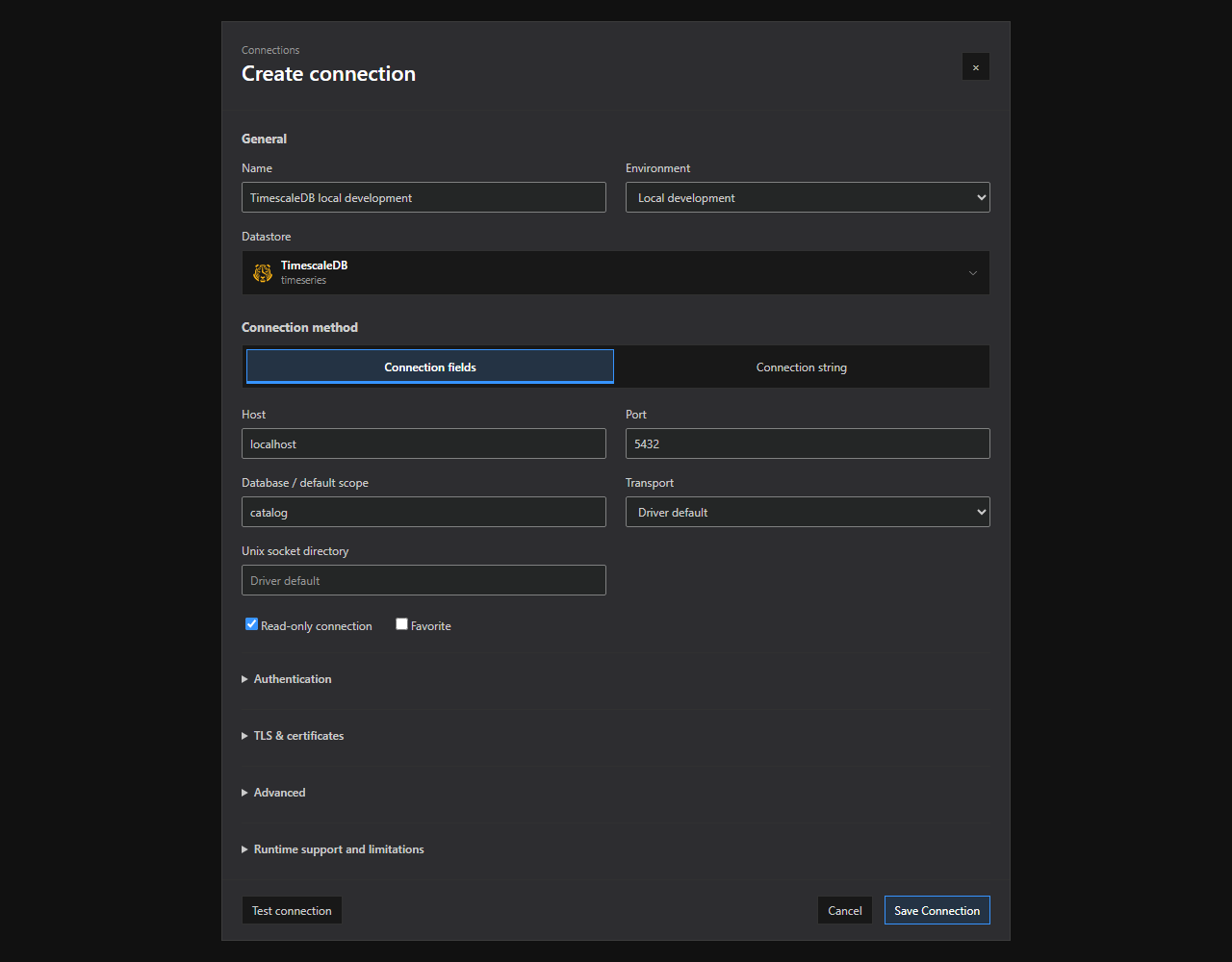 TimescaleDB connection setup. The TimescaleDB connection dialog with supported method tabs and illustrative, non-secret settings. Expand optional sections and review runtime limitations before saving.