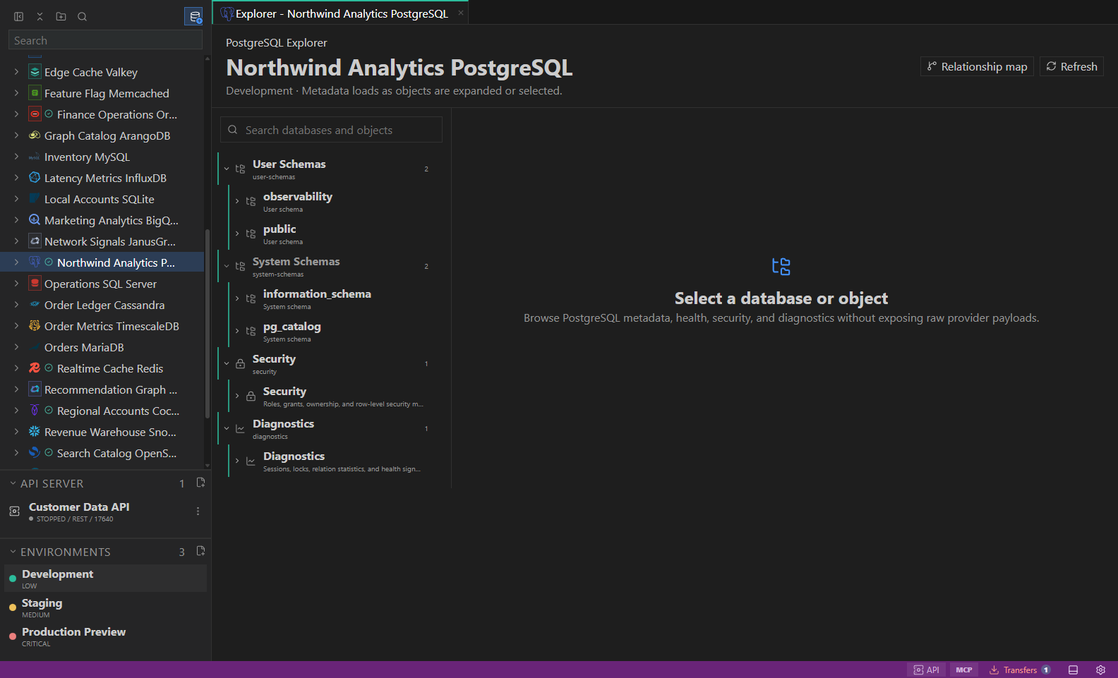 Object explorer. Datastore-owned tree with native objects and context actions.