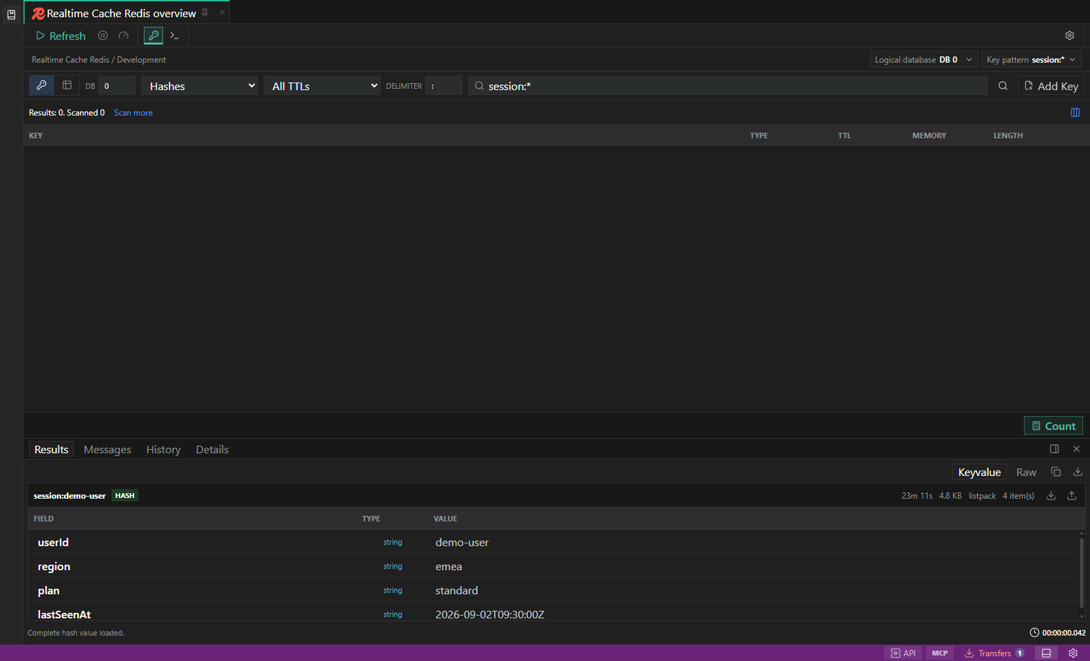Redis key browser. Key filters, type-aware value surfaces, TTL, and guarded key actions.