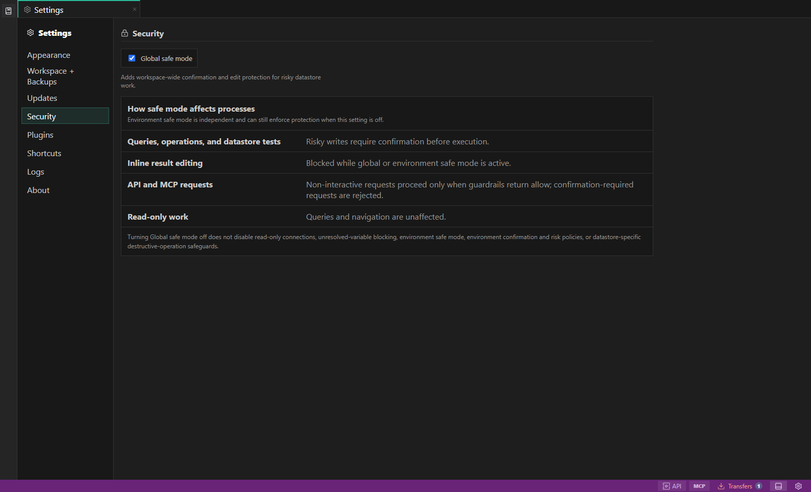 Security settings. Global safe mode explains how risky writes, inline edits, API and MCP requests, and read-only work are guarded.