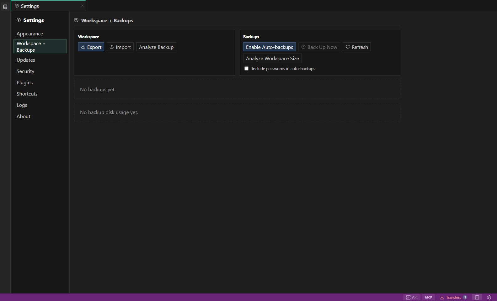 Settings and backups. Workspace bundles, encrypted backups, appearance, health, and shortcuts.