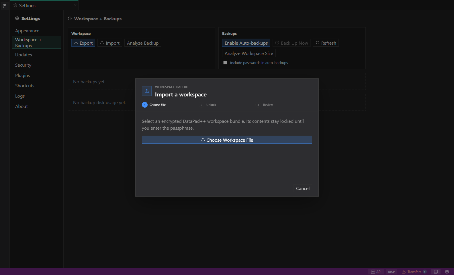 File-first workspace import. A staged choose-file, unlock, and review workflow that keeps encrypted contents closed until the passphrase is entered.