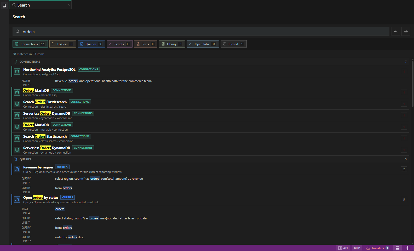 Workspace Search. Search connections, Library work, open tabs, recently closed tabs, scripts, and tests.